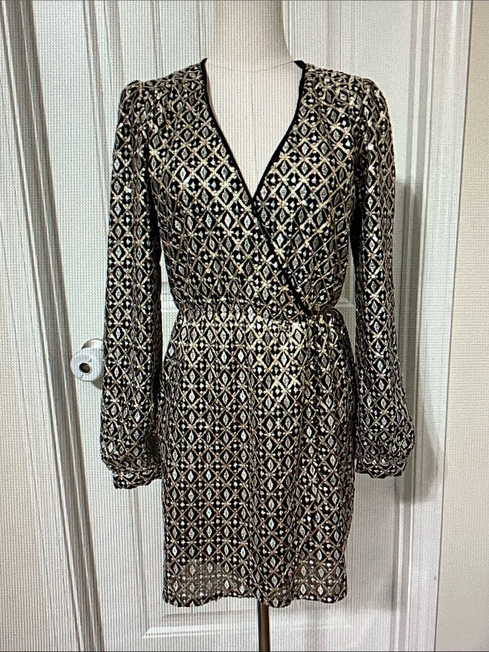 Honey Punch Black and Gold Geometric Wrap-Style Long Sleeve Dress